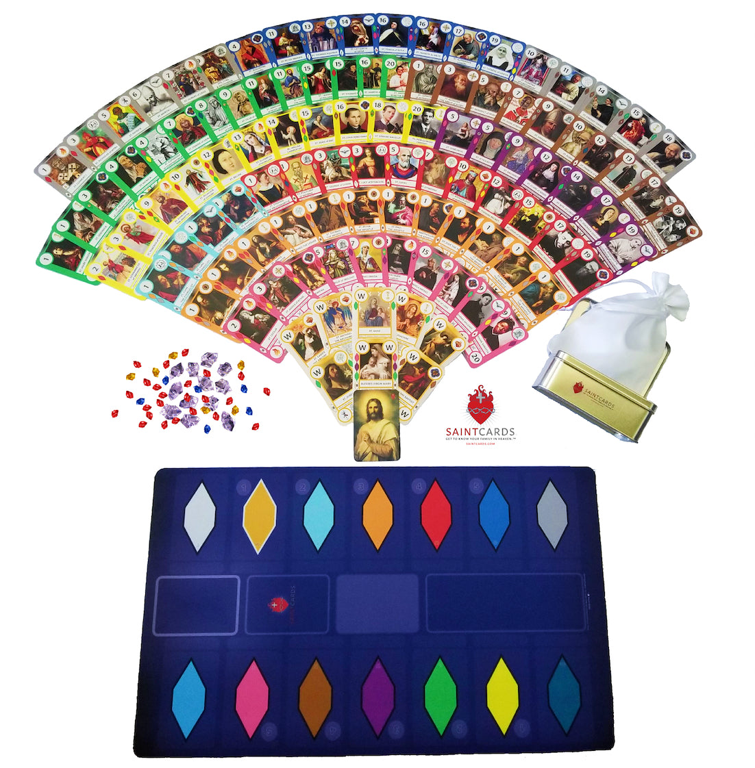 SaintCards: Deluxe Base Game Bundle (106 SaintCards w/Tin & Deluxe Blue Game Mat)