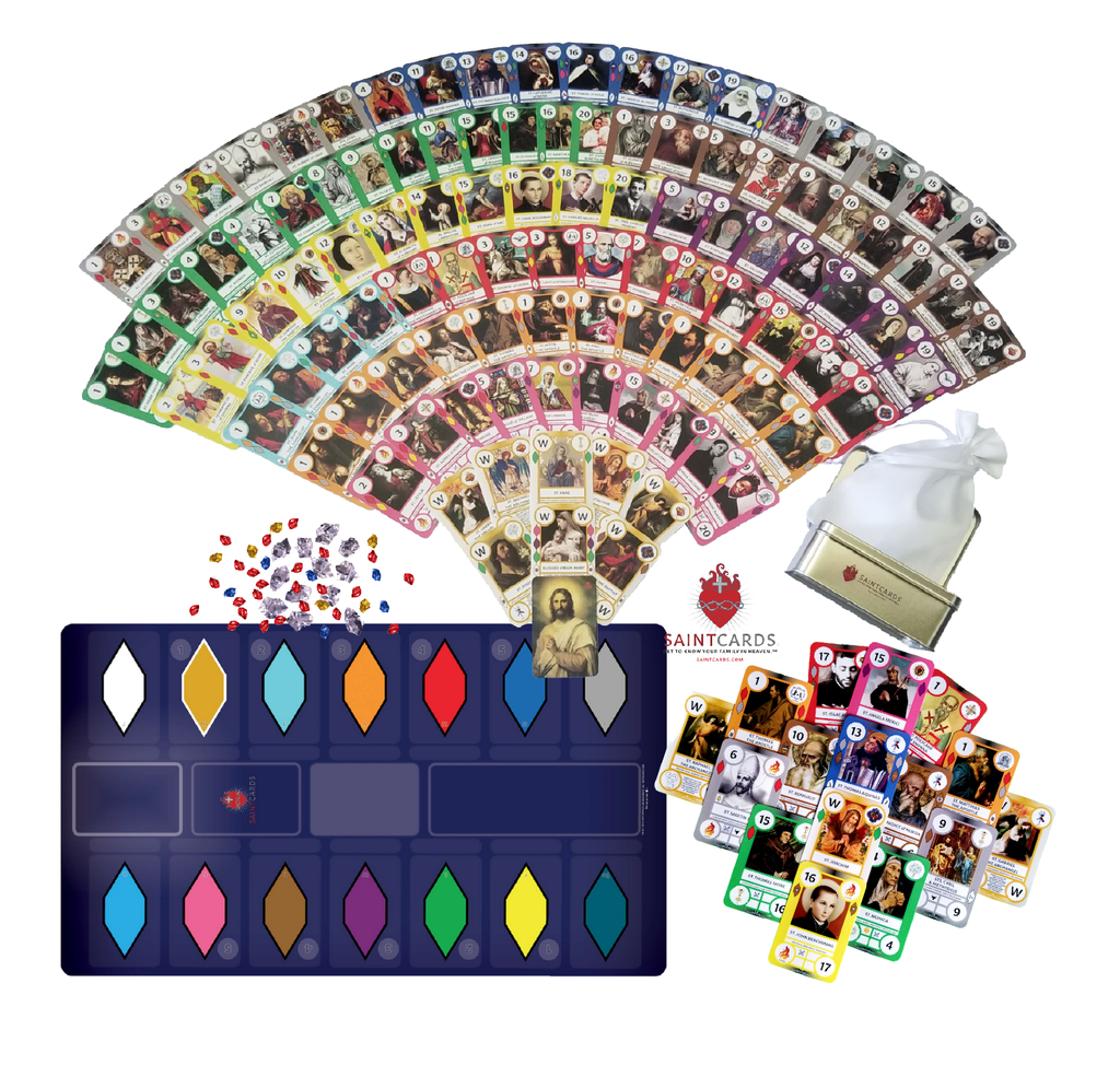 SaintCards: Extraordinary Form Base Game Bundle (106 SaintCards w/Tin, 1960 Calendar Expansion, & Deluxe Blue Game Mat)